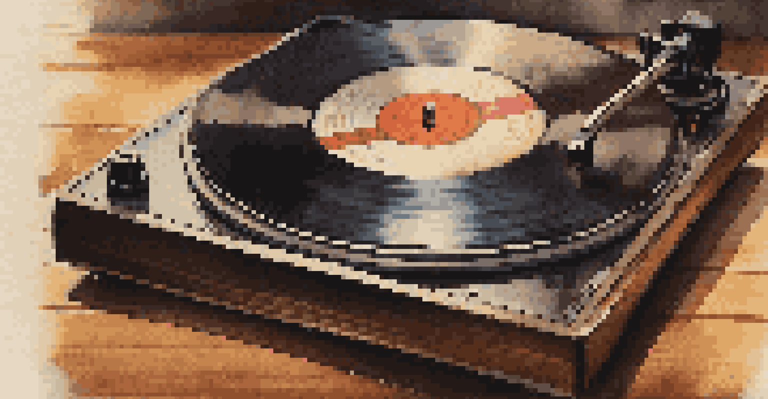 A close-up of a vintage vinyl record player with a spinning record, showcasing its texture and wooden finish in warm lighting.