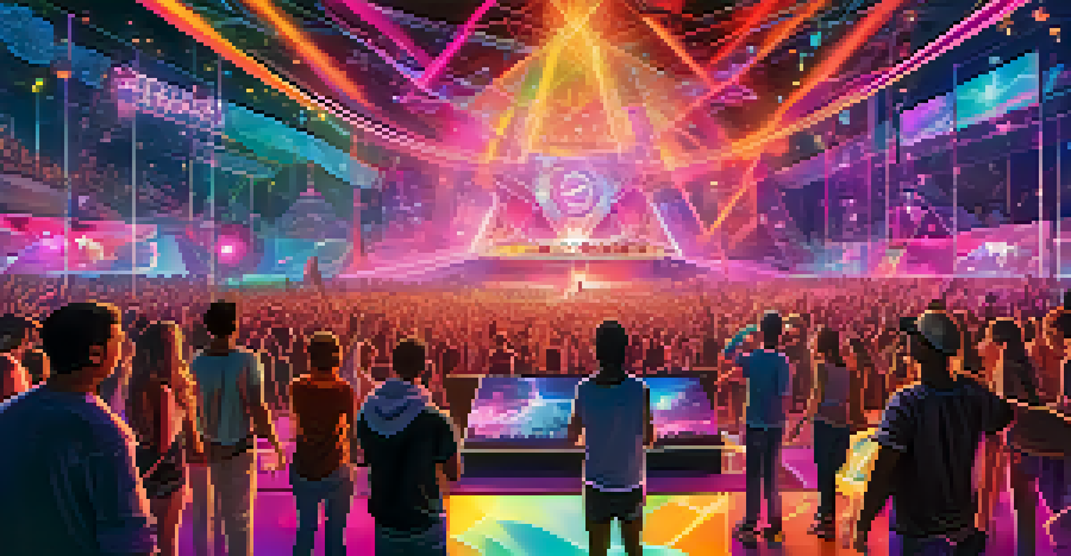 A futuristic music festival in virtual reality with fans interacting with holographic elements and vibrant stage designs.