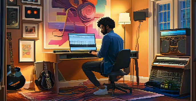 A musician working in a home studio with a laptop, guitar, and keyboard in a warm-lit room filled with sound wave artwork.
