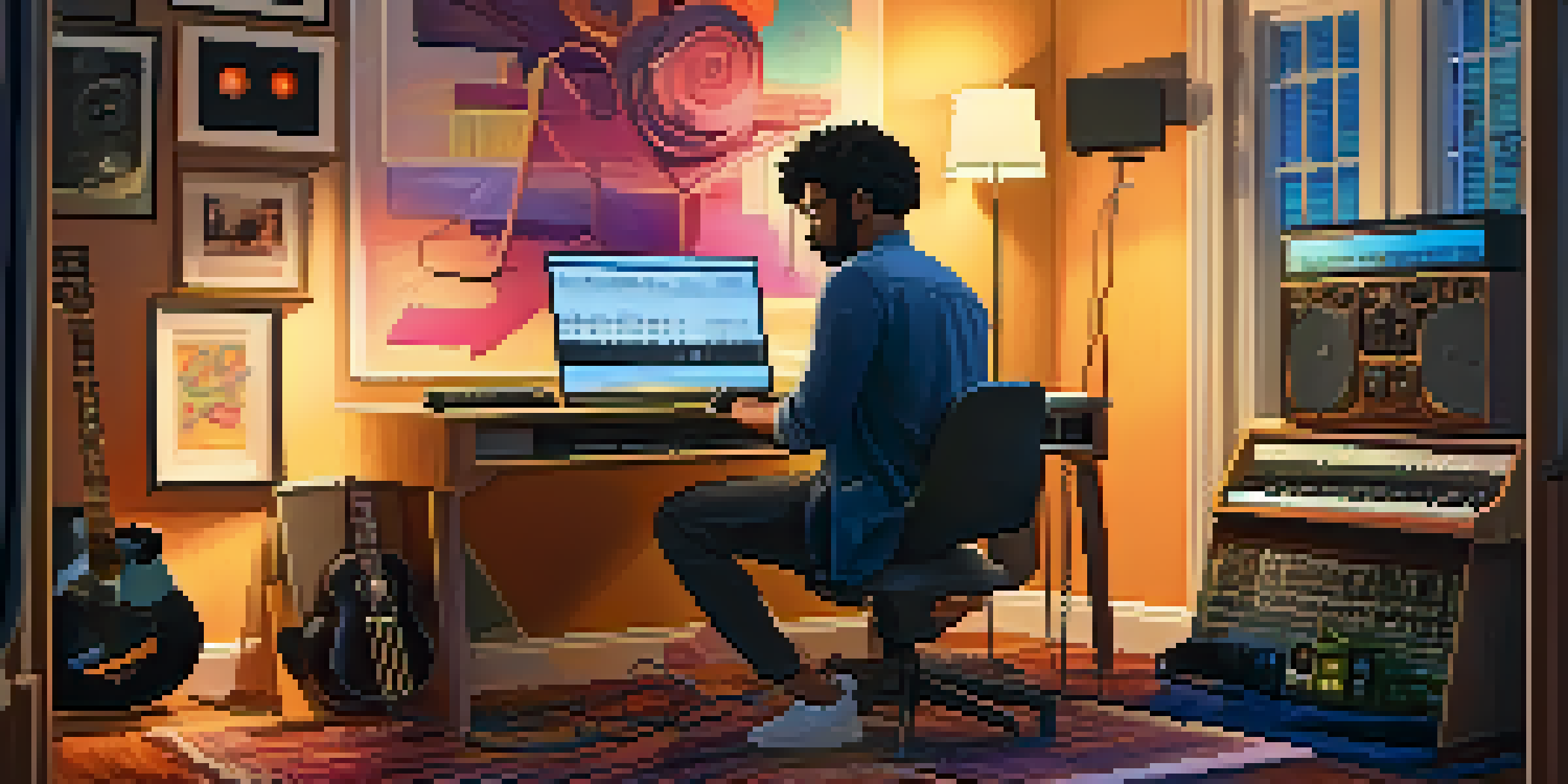 A musician working in a home studio with a laptop, guitar, and keyboard in a warm-lit room filled with sound wave artwork.