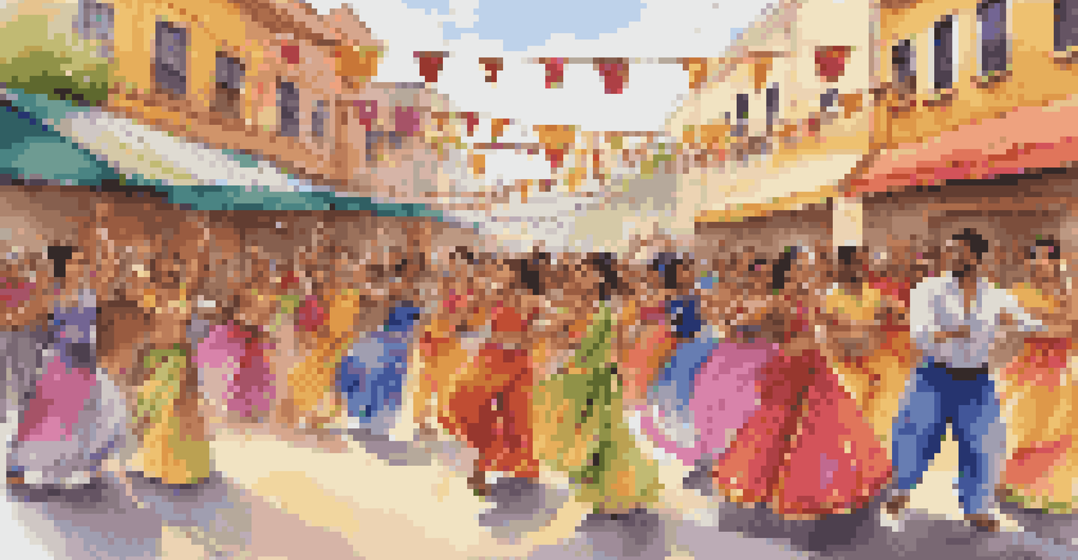 A lively street festival with dancers performing a fusion of Bollywood and salsa styles, surrounded by an engaging crowd and colorful decorations.
