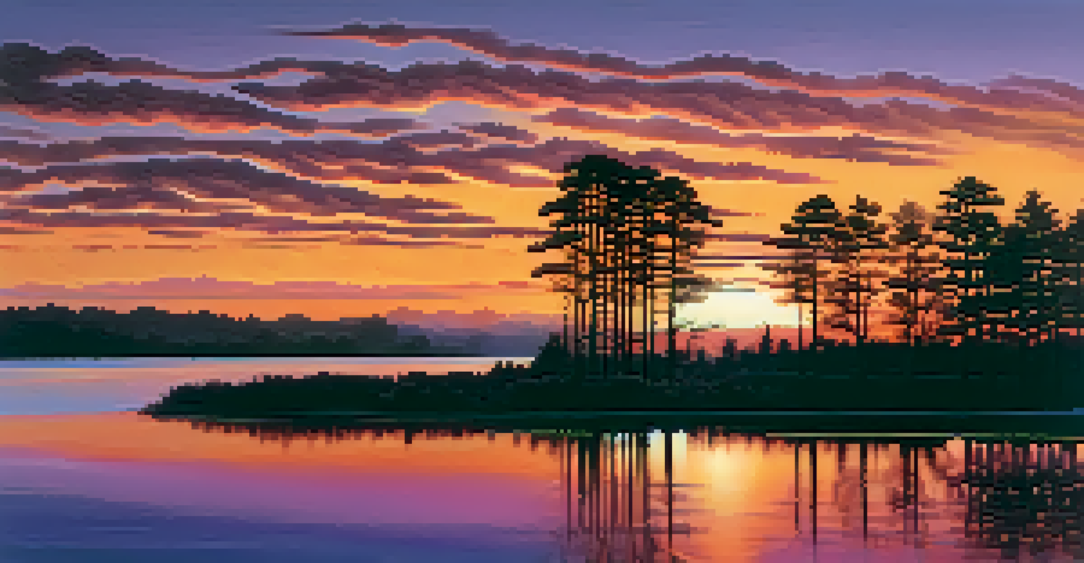 A serene sunset landscape with a sky transitioning from orange to purple, silhouetted trees, and a river reflecting the colors.
