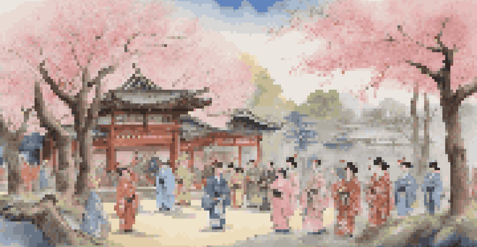 A traditional Japanese comedy performance with colorful costumes, musical instruments, and a captivated audience under cherry blossom trees.