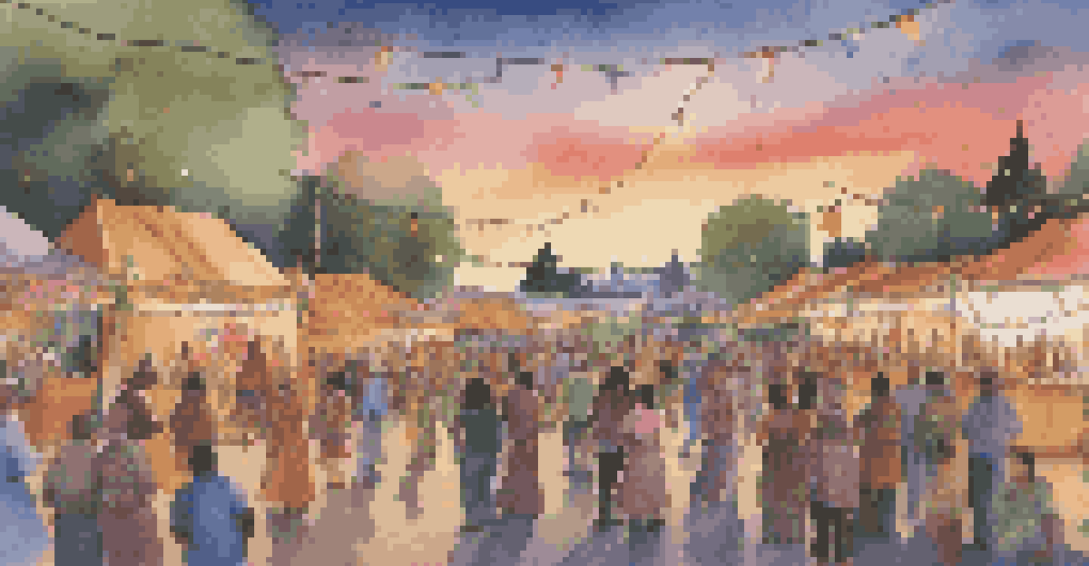 An outdoor festival with people dancing to live music, colorful booths representing different musical traditions, and a warm sunset glow.