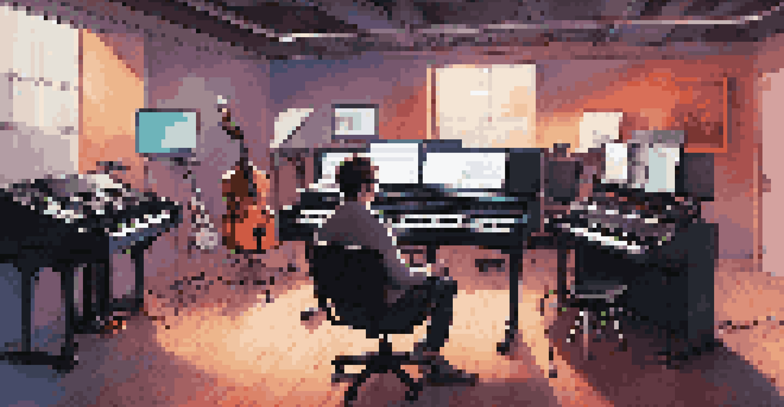 A modern film scoring studio with a composer at a digital workstation surrounded by instruments, illuminated by bright LED lights.