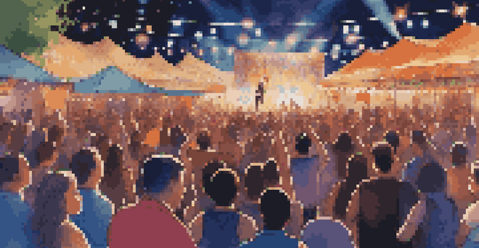 A passionate female lead singer performing on stage at an outdoor concert, with a cheering crowd and colorful lights illuminating the scene.