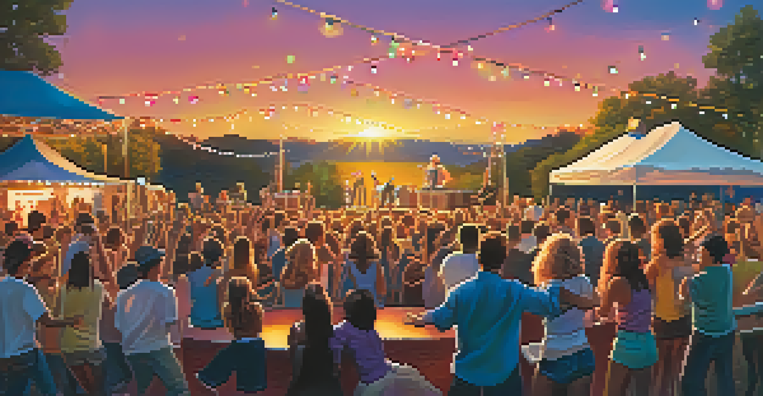 A lively outdoor music event with a band performing and an audience enjoying.