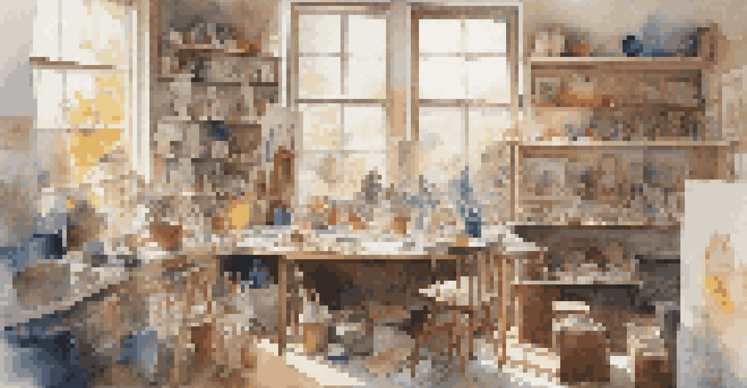 A cozy shared workspace of a sculptor and a graphic designer, filled with art supplies and natural light.