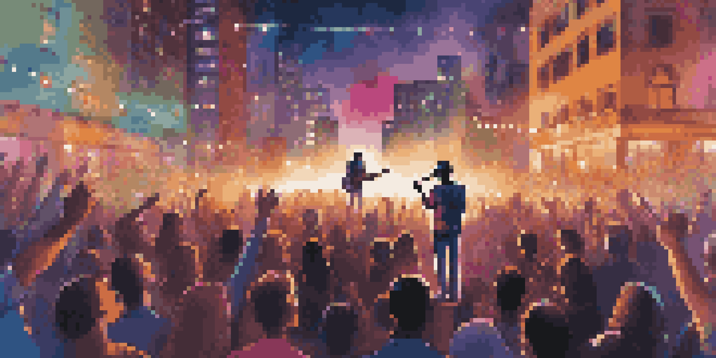 A musician on stage with colorful lights and a cheering crowd, playing guitar against a city skyline at night.