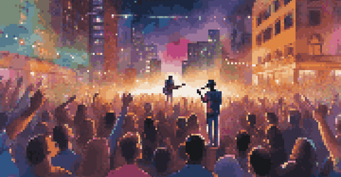 A musician on stage with colorful lights and a cheering crowd, playing guitar against a city skyline at night.