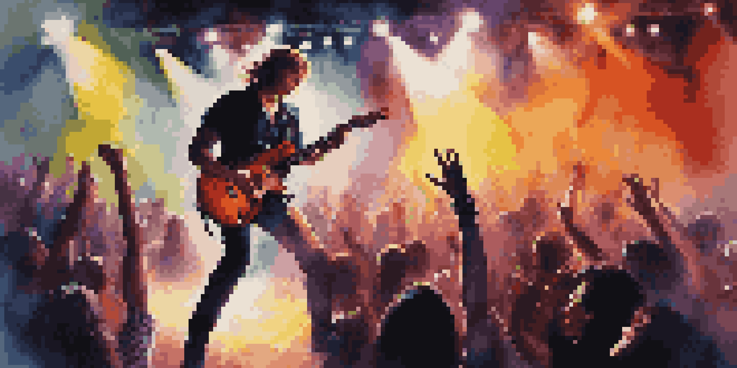 A guitarist performing on stage with colorful lights, surrounded by an energetic audience enjoying the music.
