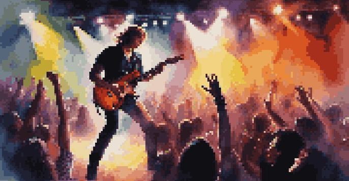 A guitarist performing on stage with colorful lights, surrounded by an energetic audience enjoying the music.