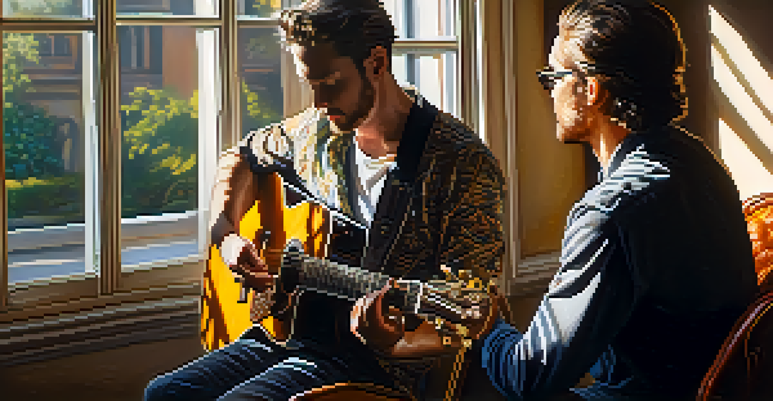 A musician playing guitar in the sunlight, highlighting the beautiful details of the instrument and the musician's expression.