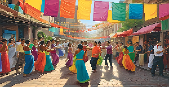 A lively street scene during a cultural festival with diverse people dancing, colorful banners, and musicians playing traditional instruments.