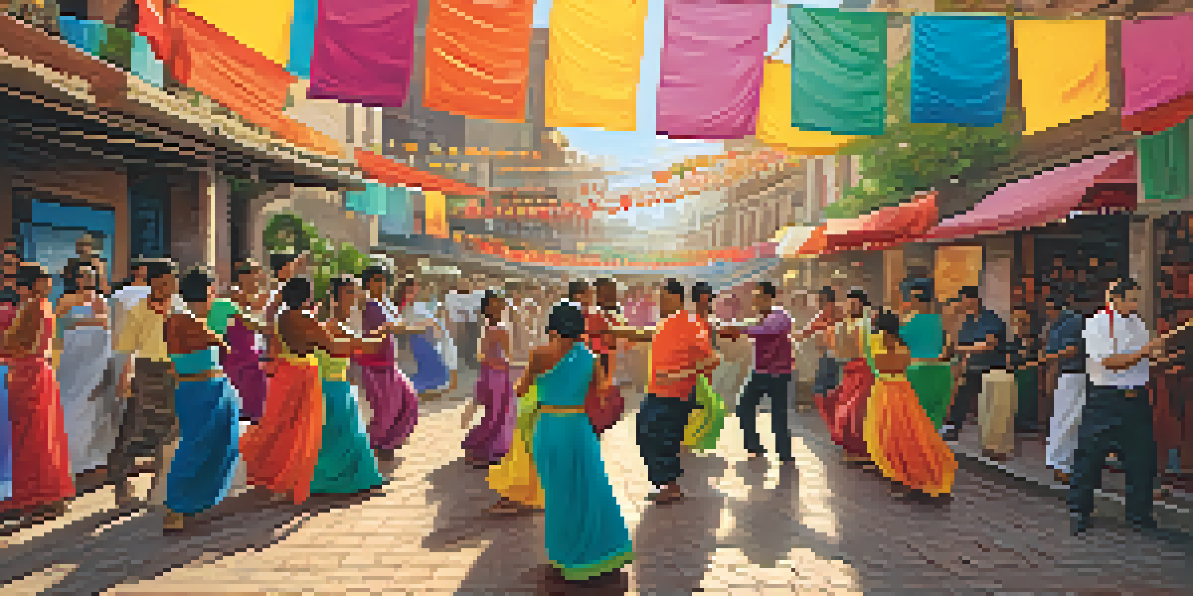 A lively street scene during a cultural festival with diverse people dancing, colorful banners, and musicians playing traditional instruments.