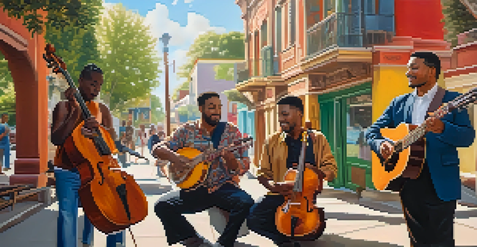 A lively street performance by a diverse group of musicians, showcasing a mix of traditional and modern instruments against a backdrop of colorful murals and sunlight.