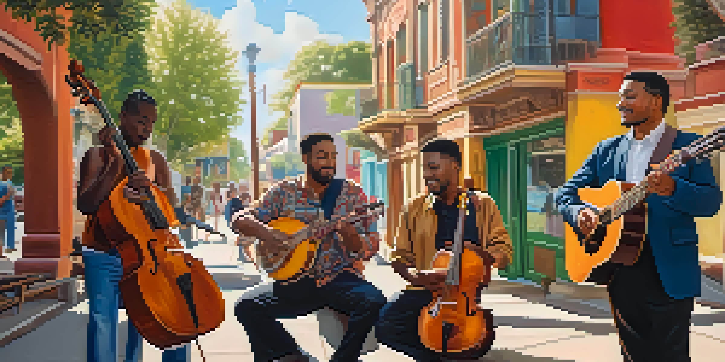 A lively street performance by a diverse group of musicians, showcasing a mix of traditional and modern instruments against a backdrop of colorful murals and sunlight.