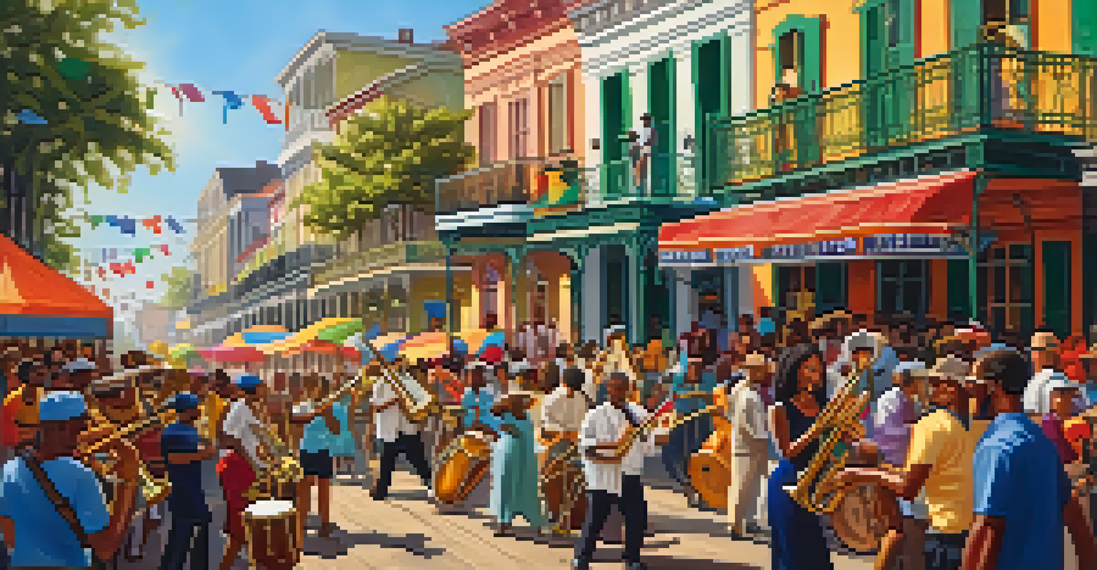 Musicians at a cultural festival in New Orleans, playing diverse instruments with a lively crowd in the background.