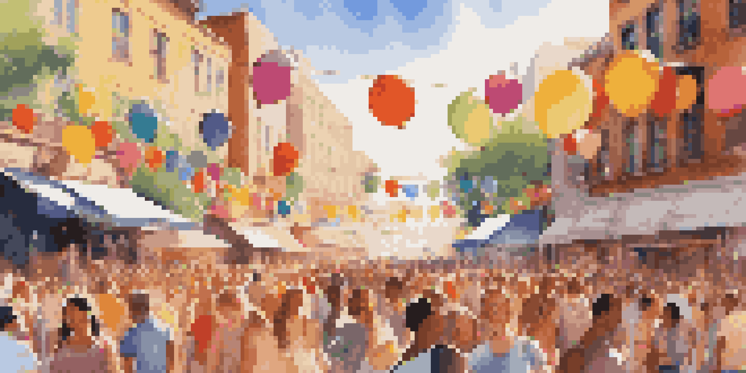 A lively summer music festival with a diverse crowd enjoying live performances under bright sunlight.