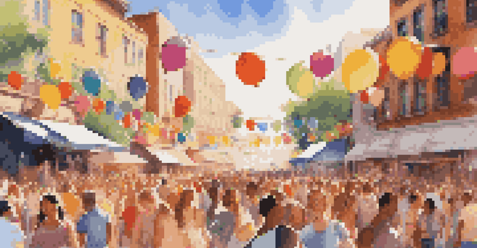 A lively summer music festival with a diverse crowd enjoying live performances under bright sunlight.