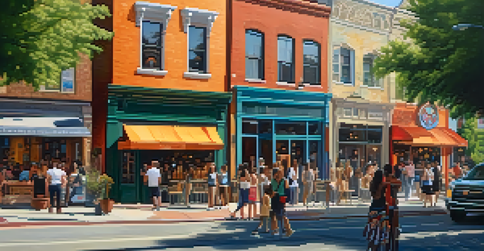 A lively urban street scene showing a mix of old and new buildings, with a colorful mural and upscale shops. People of various backgrounds are seen enjoying the space.
