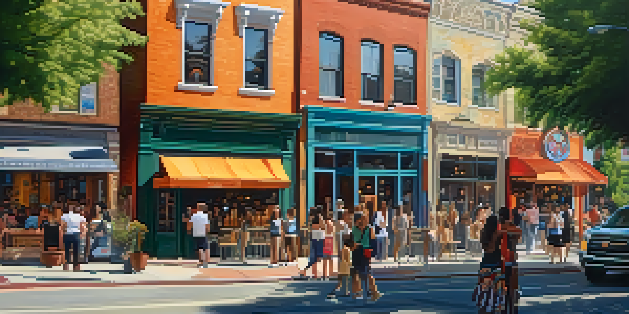 A lively urban street scene showing a mix of old and new buildings, with a colorful mural and upscale shops. People of various backgrounds are seen enjoying the space.