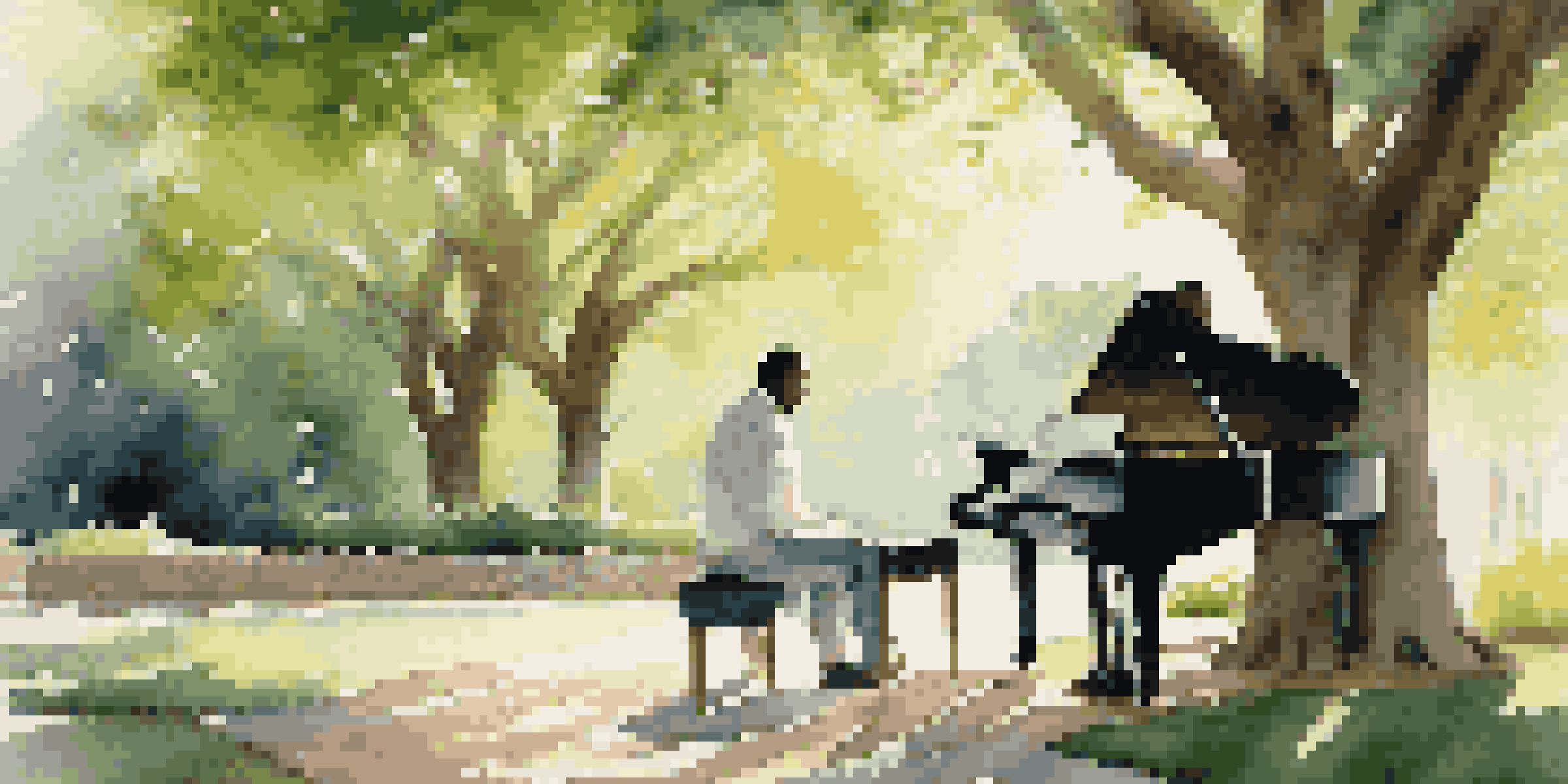 A musician playing a grand piano outdoors under a tree, with sunlight creating patterns on the ground.