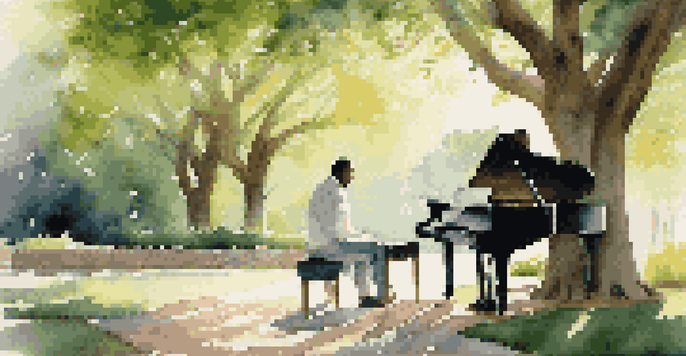 A musician playing a grand piano outdoors under a tree, with sunlight creating patterns on the ground.
