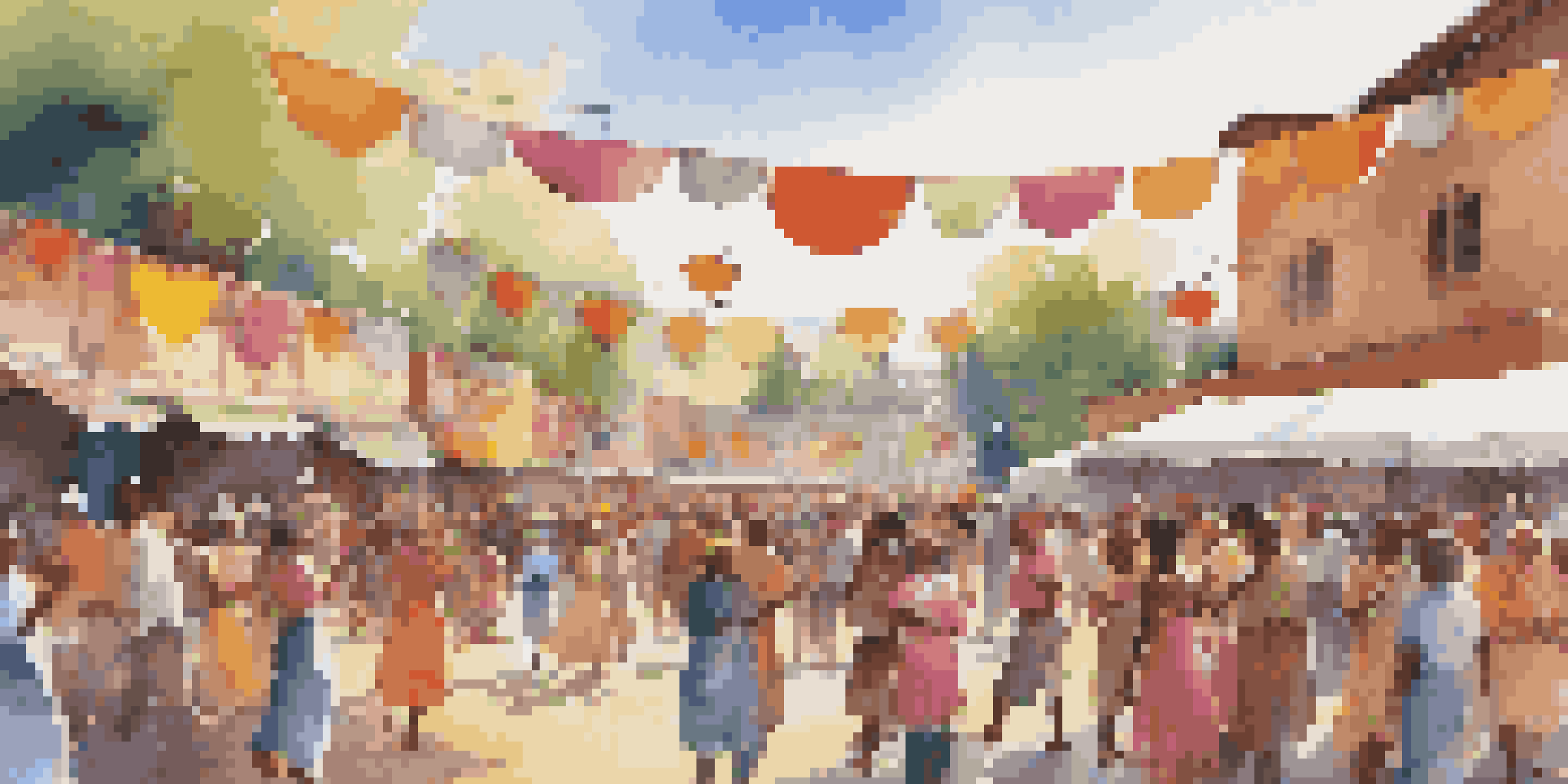 A lively community festival with people of different backgrounds singing and dancing under bright decorations, with food stalls in the background.
