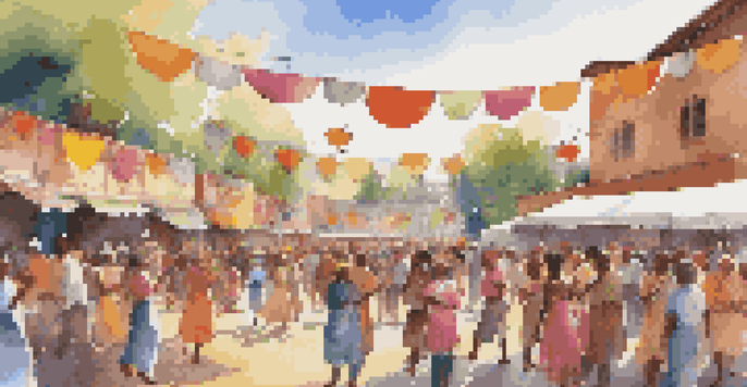 A lively community festival with people of different backgrounds singing and dancing under bright decorations, with food stalls in the background.
