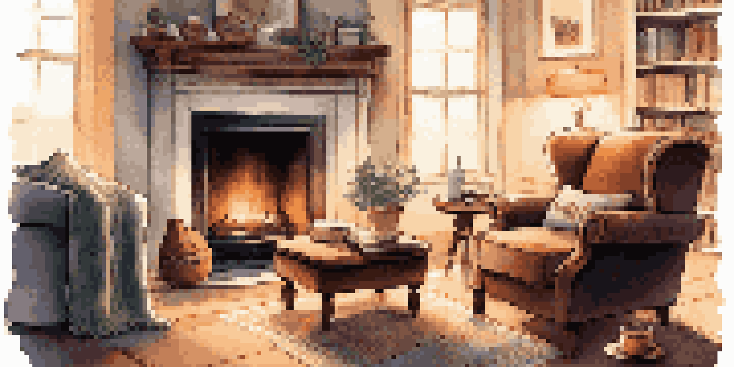 A warm indoor setting with a fireplace, an acoustic guitar, a cozy armchair, and steaming mugs on a coffee table, creating an inviting atmosphere.