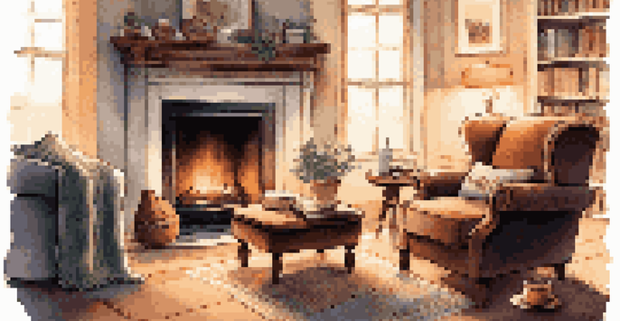 A warm indoor setting with a fireplace, an acoustic guitar, a cozy armchair, and steaming mugs on a coffee table, creating an inviting atmosphere.