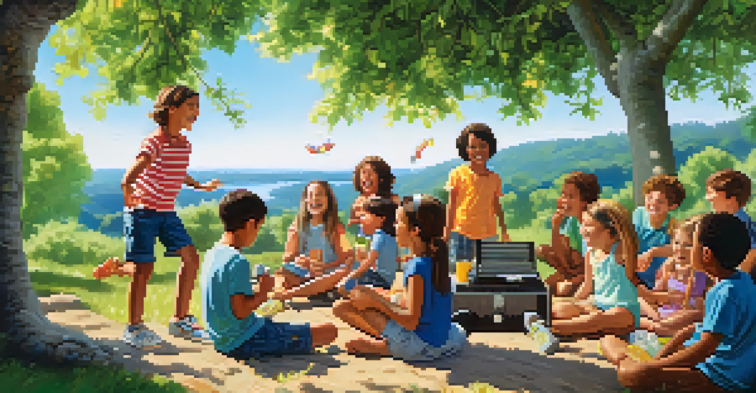 Children enjoying a picnic outdoors, dancing and laughing while listening to music in a sunny park.