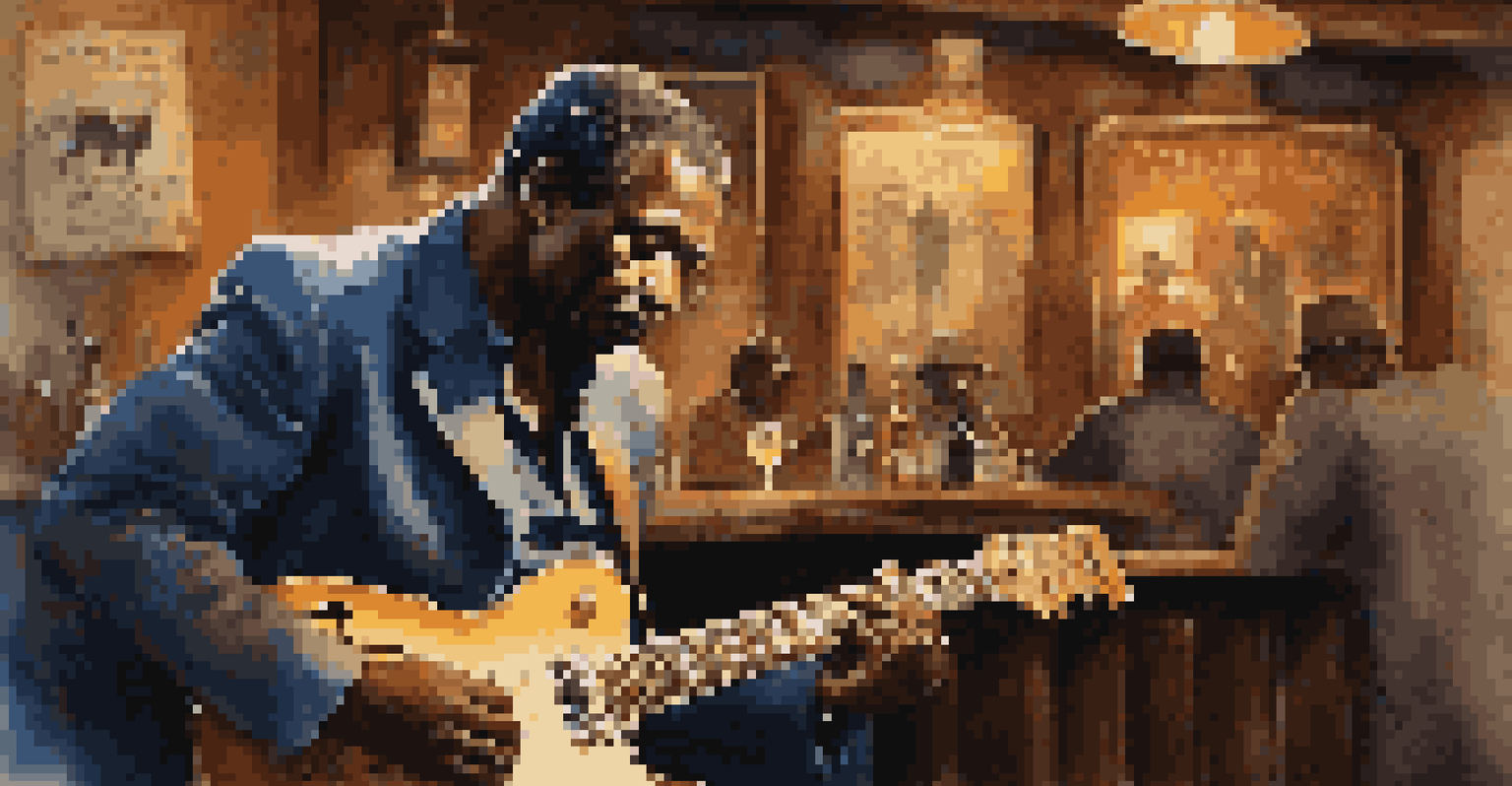 A blues musician playing an electric guitar in a dimly lit bar, with a soulful expression and vintage decor around.