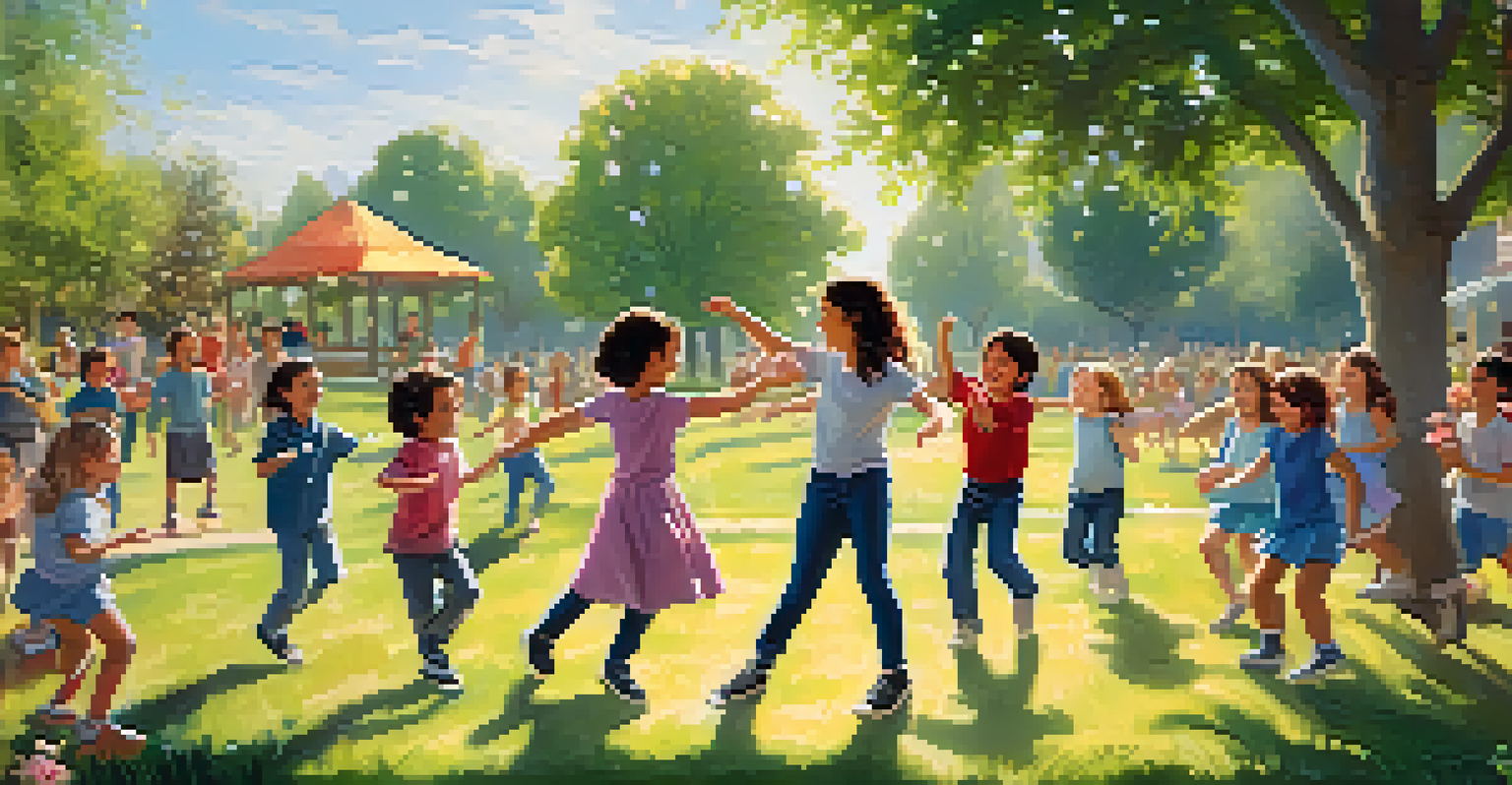 Children dancing and singing in a circle outdoors, with a teacher playing guitar in the center, surrounded by a sunny park filled with trees and flowers.