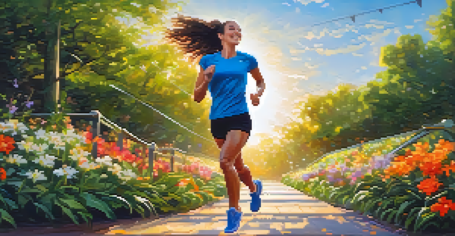 A person jogging in a park with headphones, surrounded by greenery and colorful flowers, with music notes symbolizing joy.