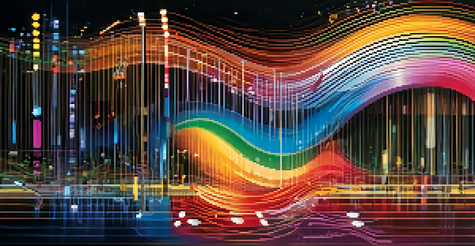A visual representation of sound waves and musical notes merging with colors, showcasing the blend of traditional and modern film scoring techniques.