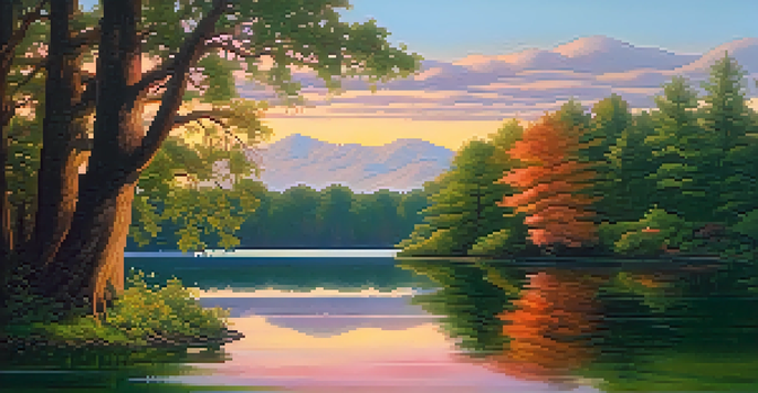 A tranquil lake at sunset surrounded by lush green trees, with vibrant colors reflecting off the water.