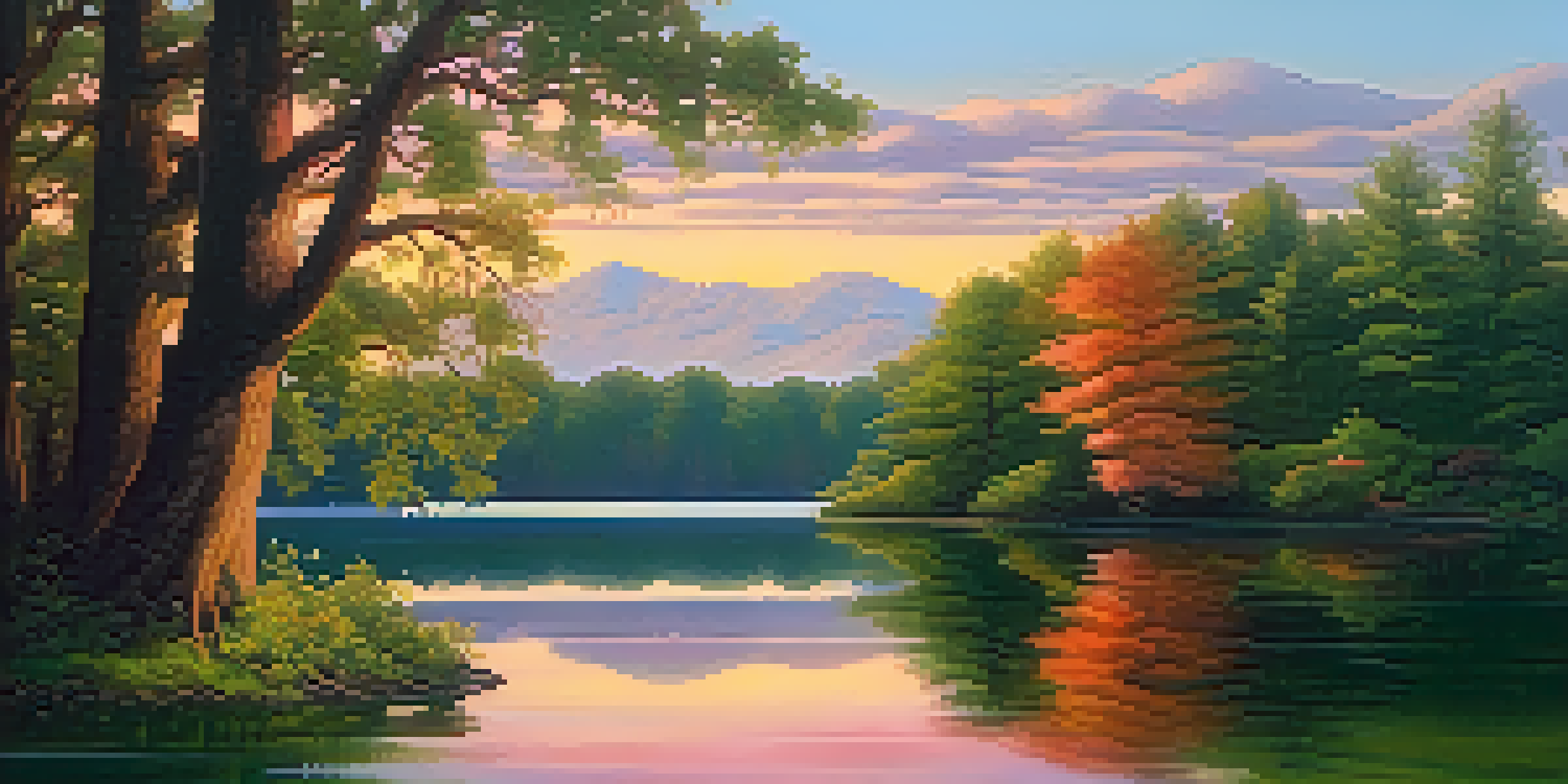 A tranquil lake at sunset surrounded by lush green trees, with vibrant colors reflecting off the water.