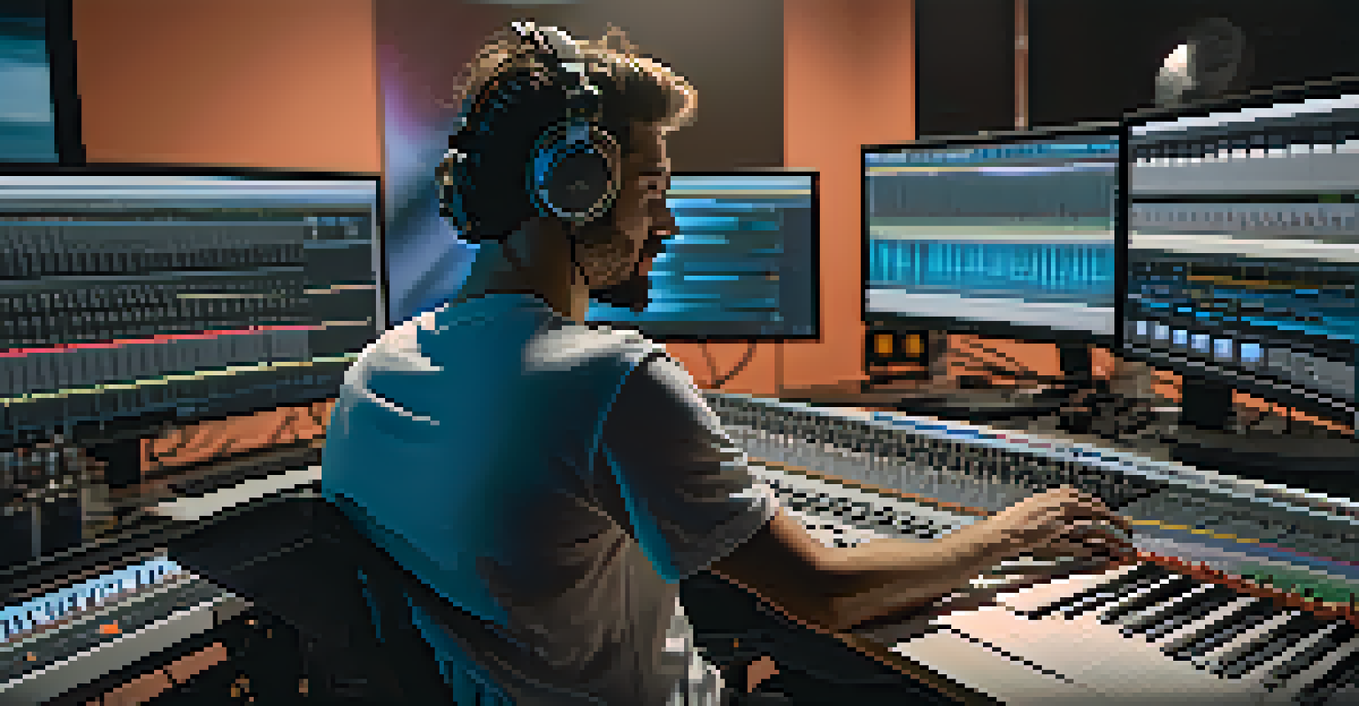 An artist in a contemporary music studio using AI tools on a computer to produce music.