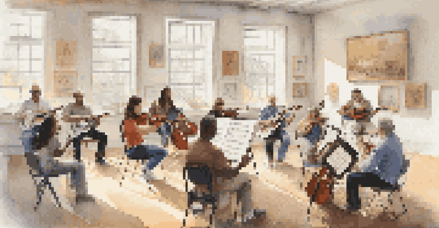 A bright workshop room with a musician teaching a group of students, surrounded by musical decorations.