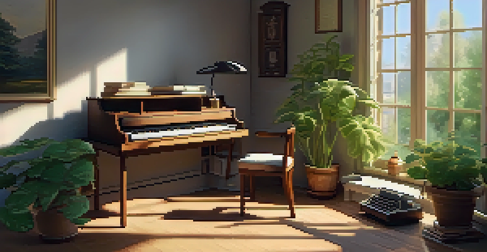 A cozy study setup with a wooden desk, an open notebook, a cup of tea, and a laptop playing classical music, illuminated by sunlight from a window.