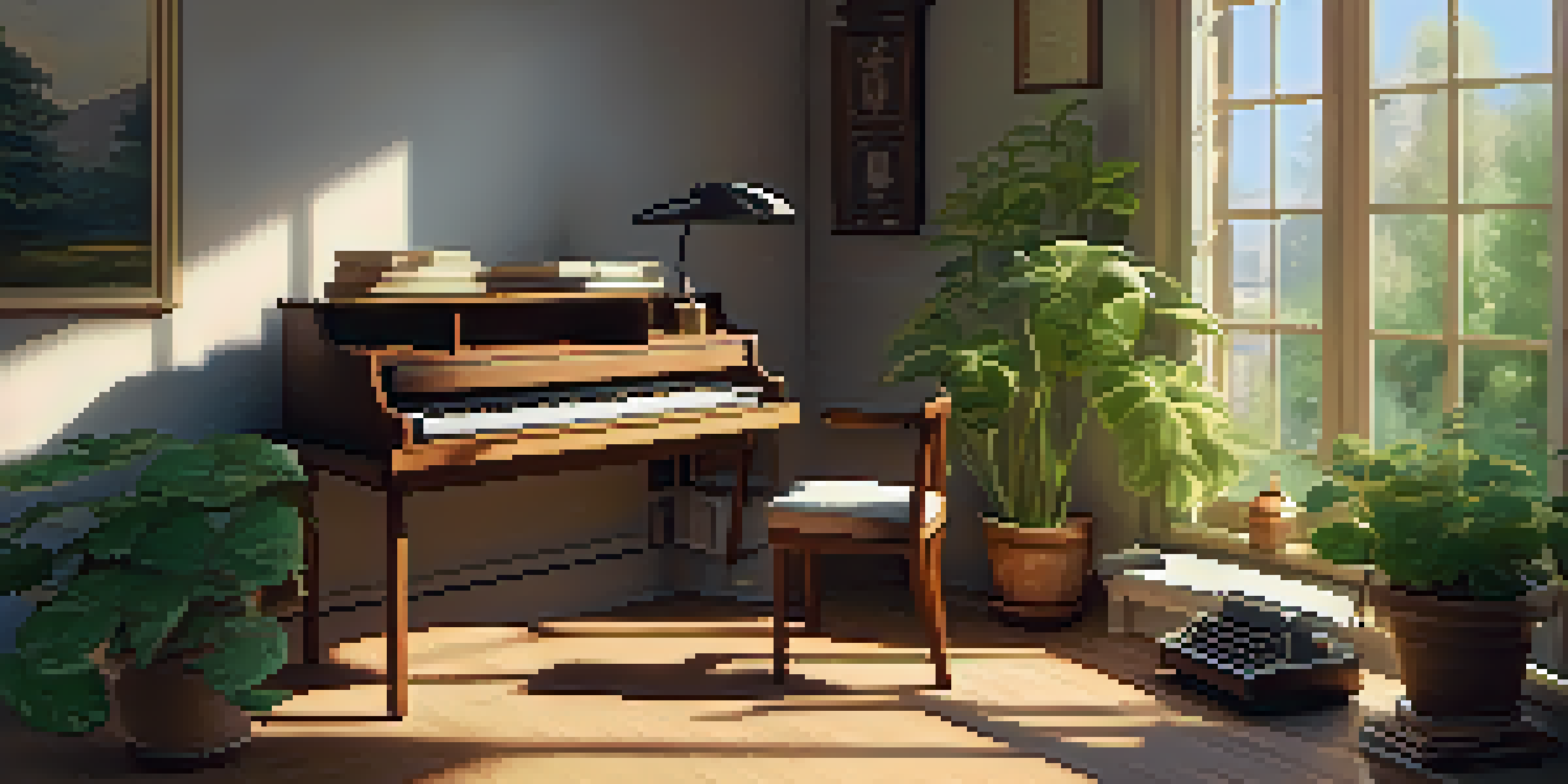 A cozy study setup with a wooden desk, an open notebook, a cup of tea, and a laptop playing classical music, illuminated by sunlight from a window.