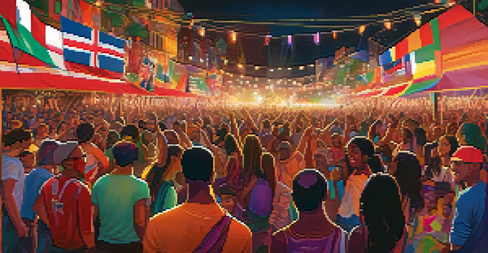 A lively music festival with diverse artists on stage and an enthusiastic crowd of various ethnicities enjoying the performance.