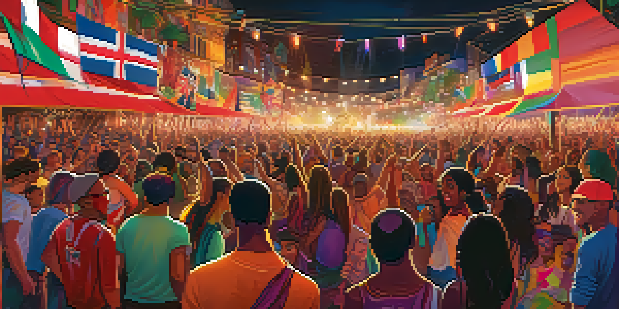 A lively music festival with diverse artists on stage and an enthusiastic crowd of various ethnicities enjoying the performance.