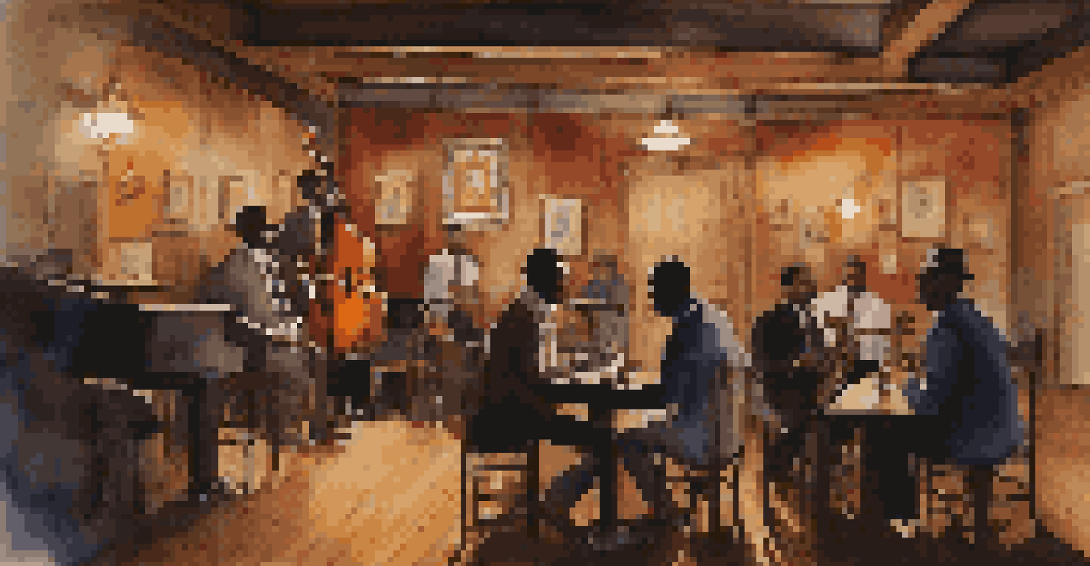 A cozy jazz club setting in New Orleans with a local band performing and patrons enjoying the live music.
