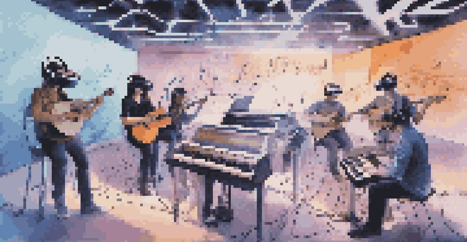 Artists using virtual reality to collaborate in a futuristic digital studio filled with holographic music elements.