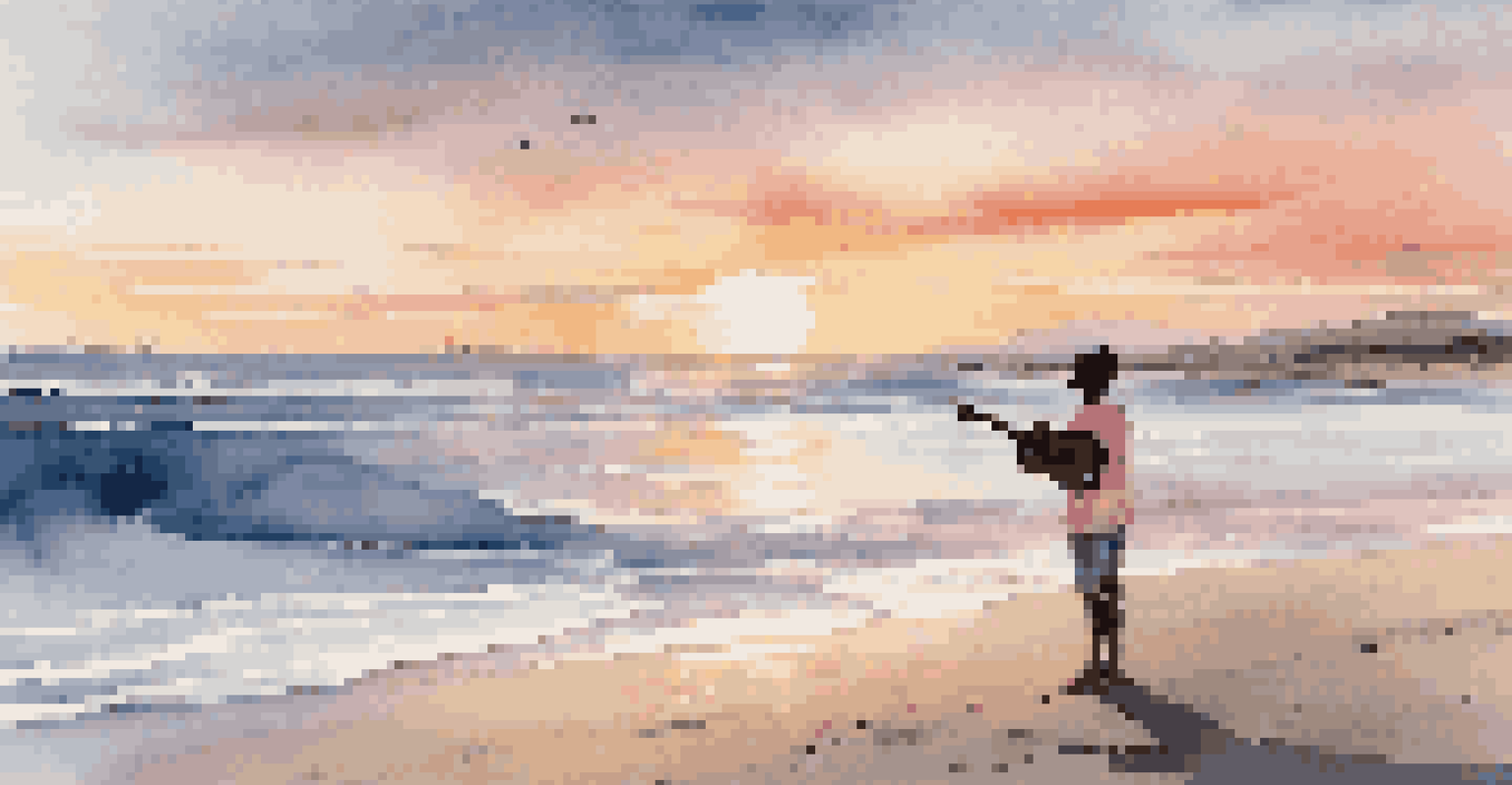 A young musician playing an acoustic guitar on a beach at sunset, emphasizing the connection between music and nature.