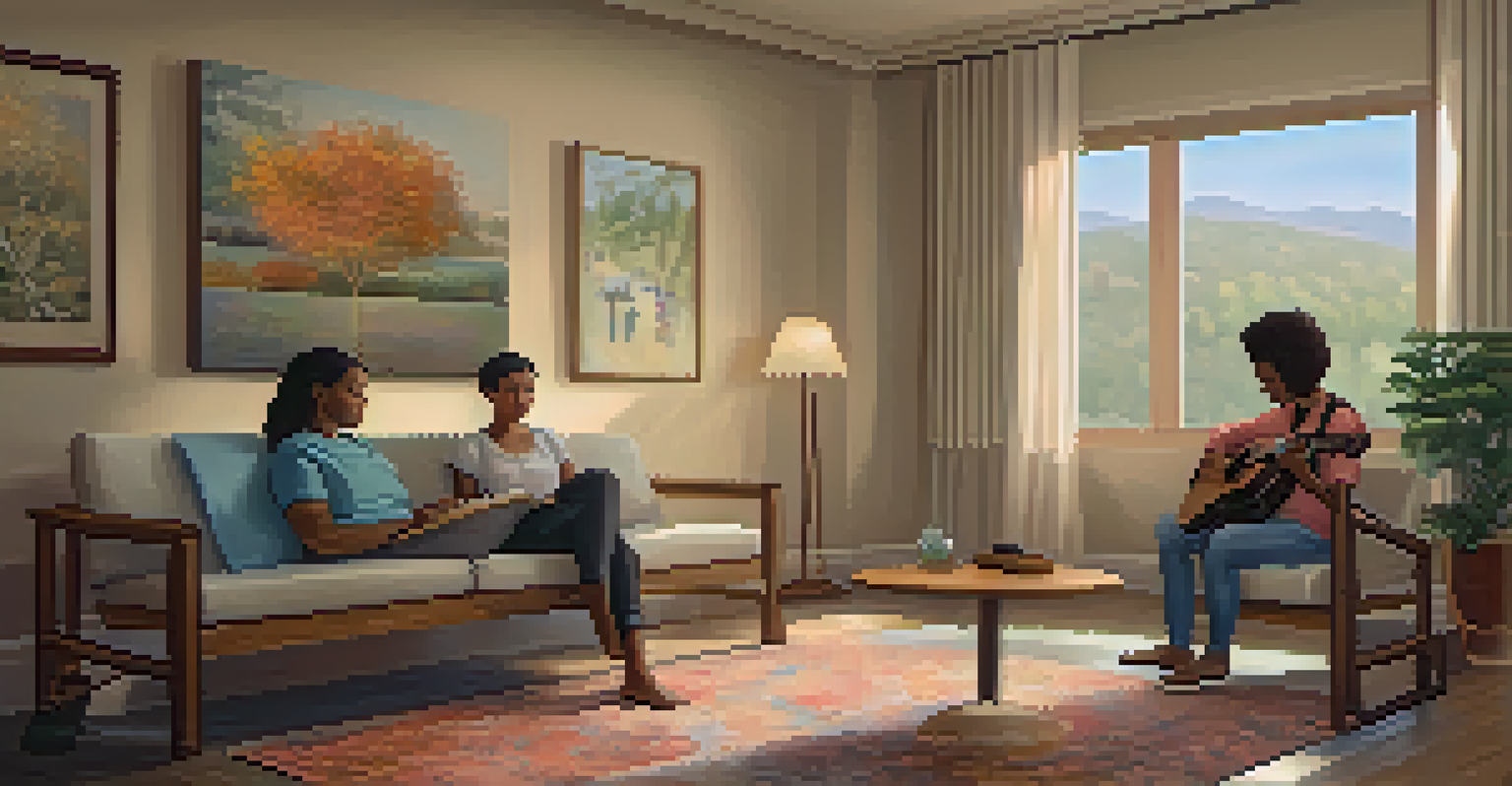 A music therapist playing guitar for a patient in a calming therapy room.