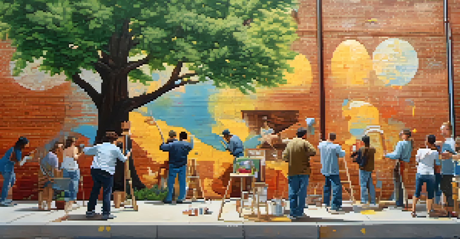 Artists working together on a colorful mural, surrounded by nature and sharing joyful moments.